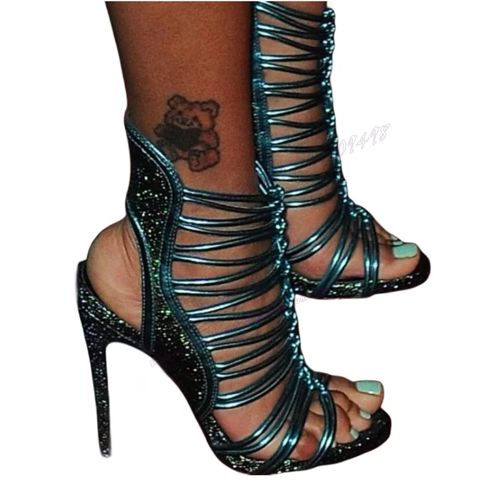 Glitter Slip On Cut Heels Sandals Green Open Toe Shoes for Women Stilettos High Heels Sexy Lady Shoes 2025 Zapatos Para Mujere
