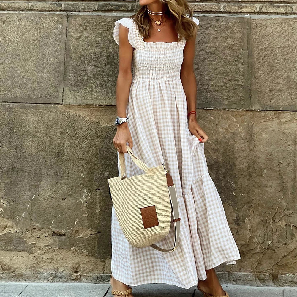 Women's Check Plaid Sleeveless Square Neck A-Line Maxi Dress Summer Ladies Casual Vacation Holiday Beach Sundress Size S-2XL