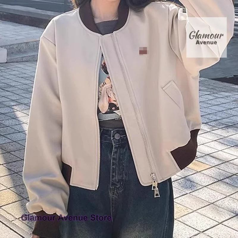 American retro street baseball uniform jacket women's spring and autumn new contrast thin casual Joker short jacket top.