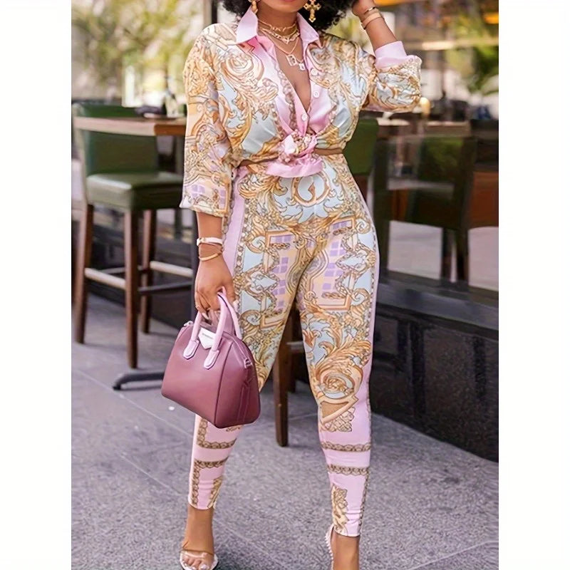 Pink British Print Two-piece Pencil Long Sleeved Two-piece Set