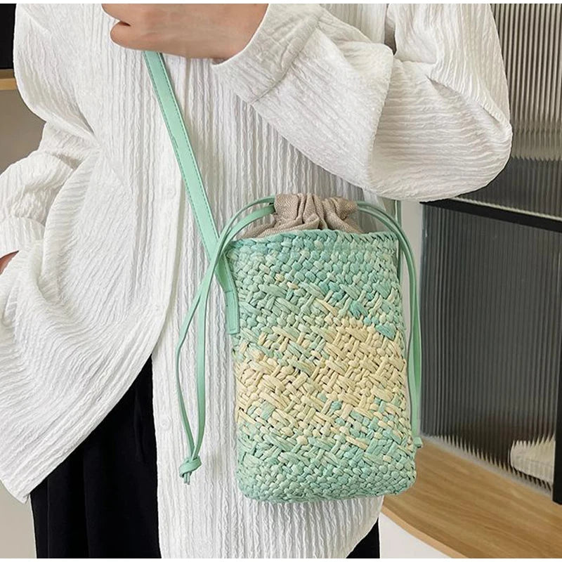 Brand Gradient Raffia Crossbody Bag Straw Drawstring Bohemian Summer Beach Travel Design Shoulder Bag Shop Basket Crossbody Bag