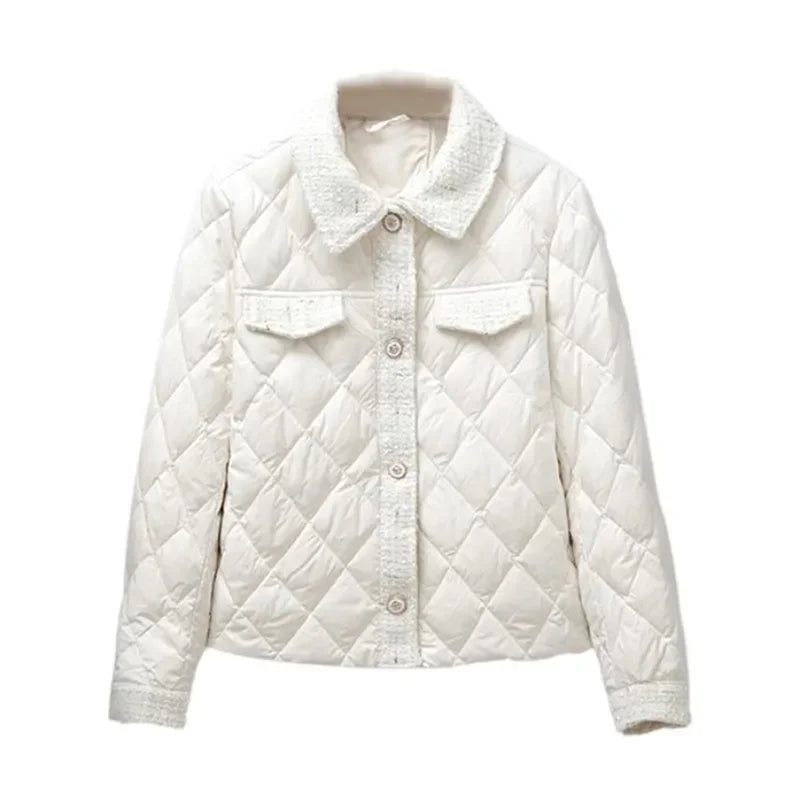 Lightweight Down Cotton Jacket Women's Short Jacket 2023 Winter New White French Style Fashion Women Jackets Patchwork Tweed Coa