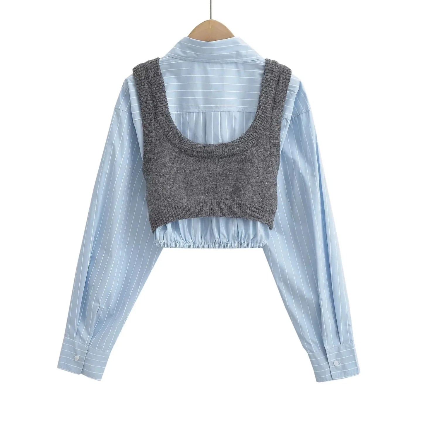 Joskaa Women Lapel Long Sleeve Single Breasted Cropped Shirt with Knitted Vest 2 Piece Set 2024 Summer Fashion Tops Streetwear