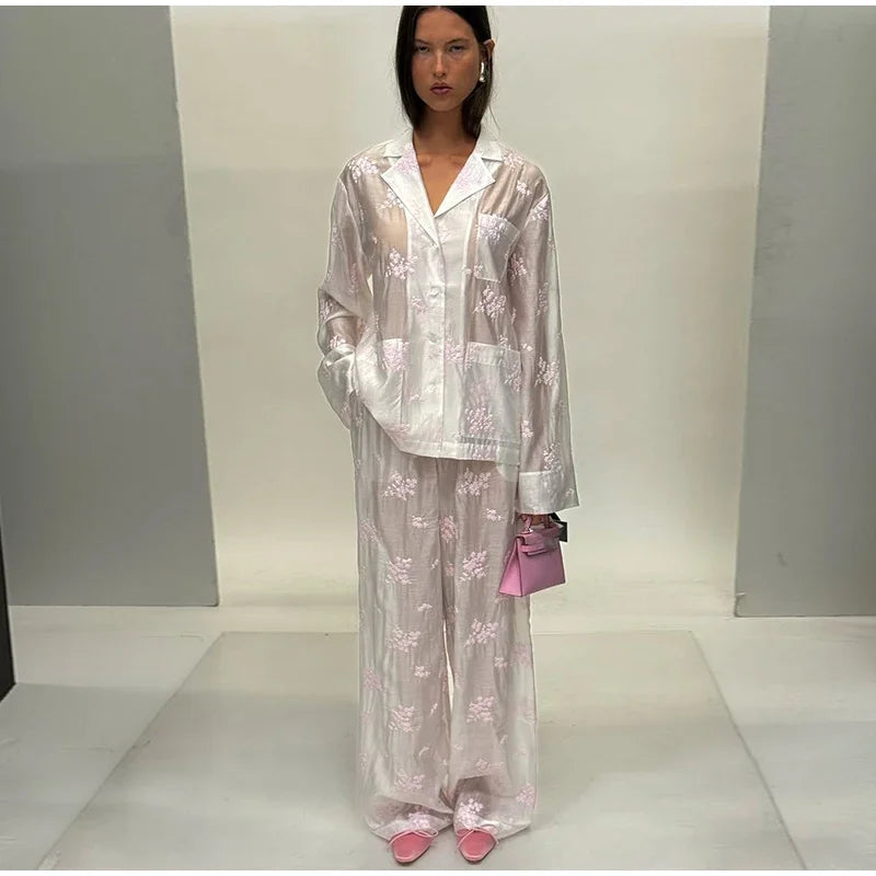Sheer Casual Shirt and Wide Leg Pants Set for Women