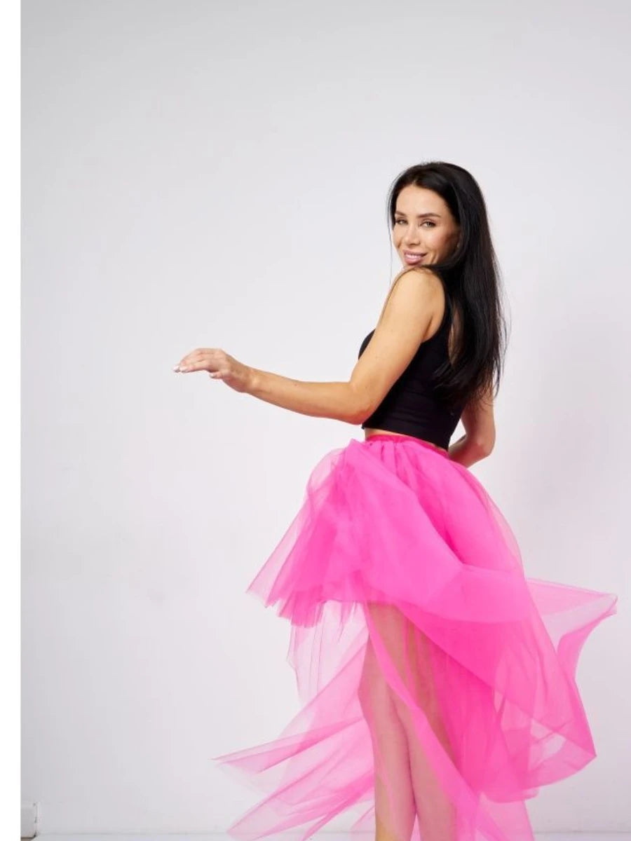 MisShow Hi-Lo Tulle Petticoat Women's Long Four Layer Puffy Skirt Fuchsia Tutu Skirts Adult Junpon Goth For Party Cocktail