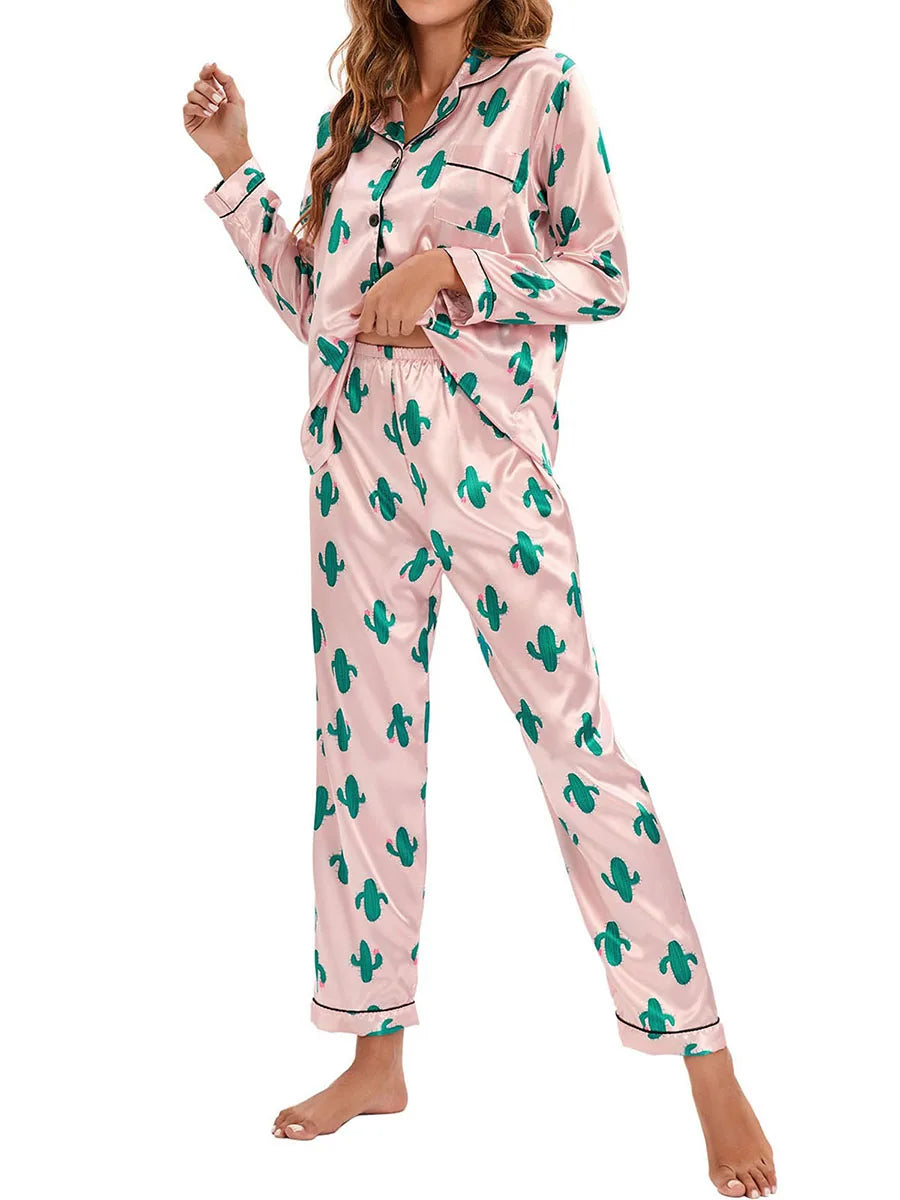 Women 2 Pieces Satin Pajamas Set Spring Autumn Long Sleeve Button Up Shirt and Casual Loose Elastic Pants Sleepwear Loungewear