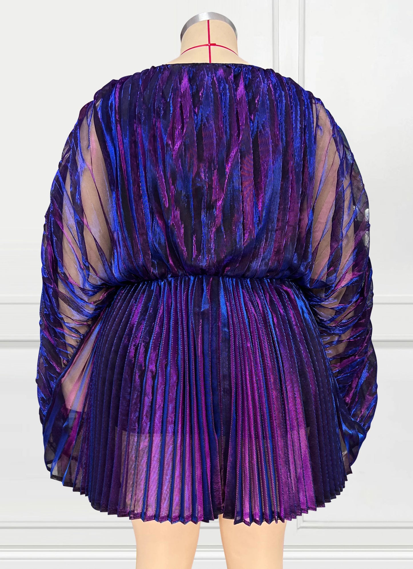 Plus Size Cocktail Party Batwing Sleeves Pleated Metallic Reflective V Neck Mini Dress