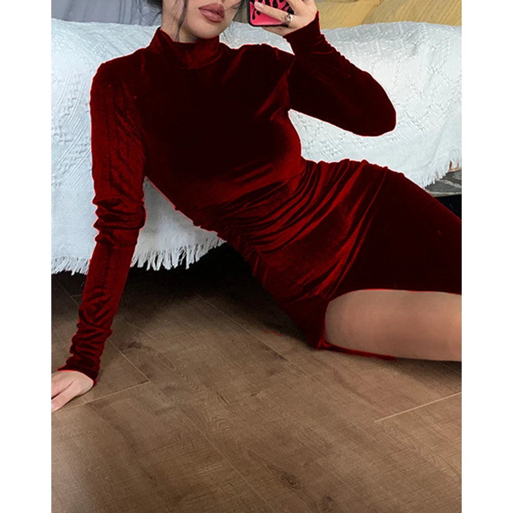 Mock Neck Long Sleeve High Slit Maxi Velvet Dress