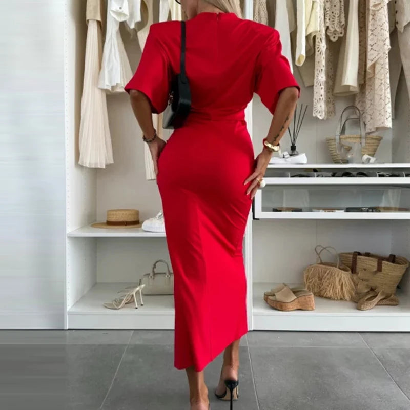 Simple Solid Split Commuting Dress Elegant Wrap Hip Party Long Dresses for Women Casual O Neck Short Sleeved Waist Summer Dress