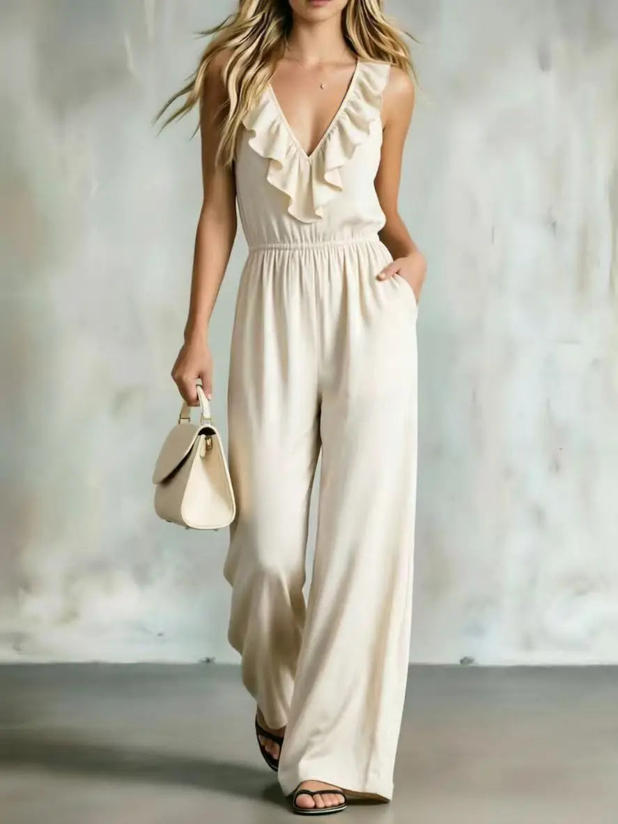 Sleeveless Ruffle V Neck Elastic High Waist Pocket Wide Leg Jumpsuit for Women