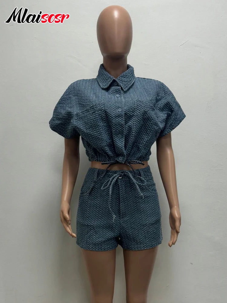 Mlaiscsr Fashion Blue Denim Splicing Shorts 2 Piece Sets Women Short Sleeve Crop Jacket and Short Pants Casual Streetwear Outfit