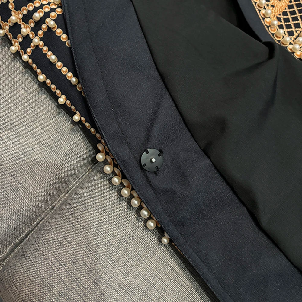 TWOTWINSTYLE Luxury Spliced Pearl Jackets For Women Deep V Neck Long Sleeve High Waist Temperament Jacket Female New KJA502566