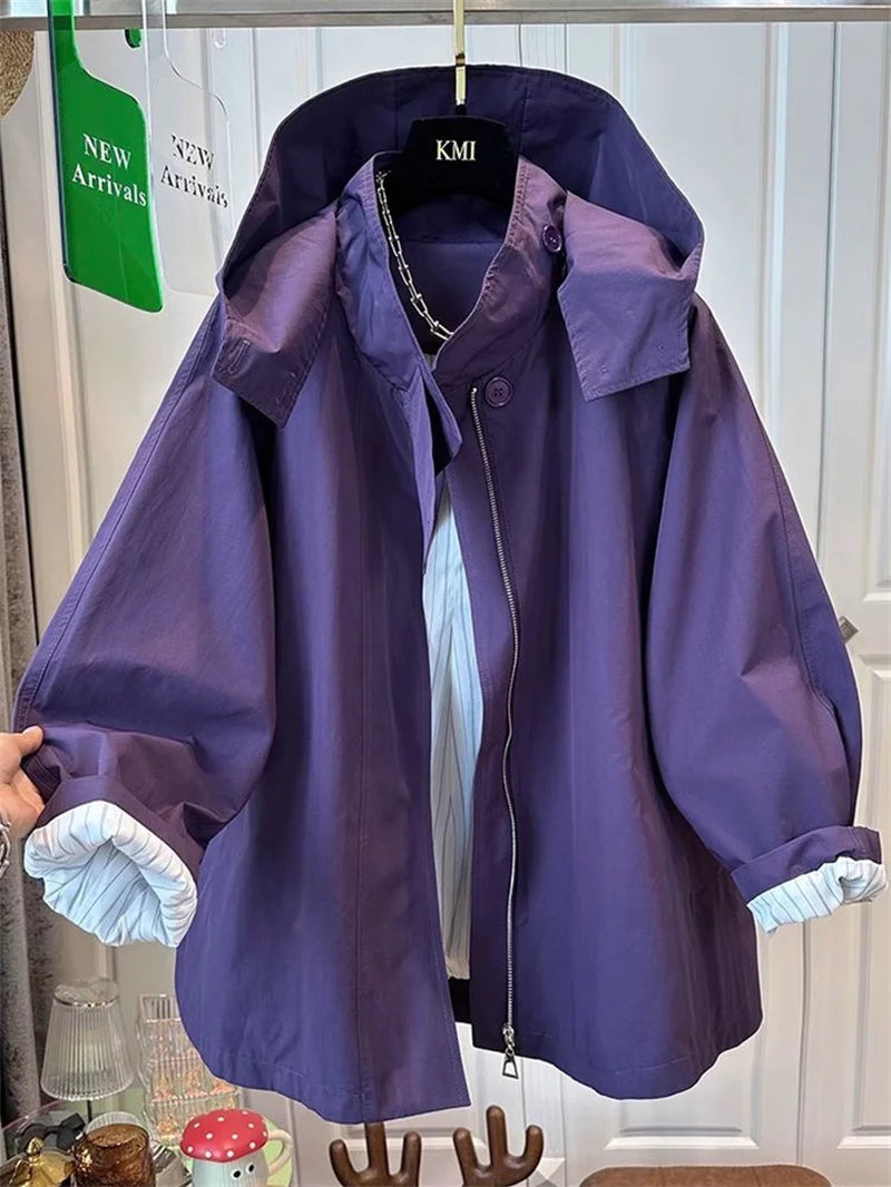Fem Cotton Trench Coat For Women Casual And Versatile Loose And Slimming Autumn Simple Hooded Long Jacket For Women Windbreaker