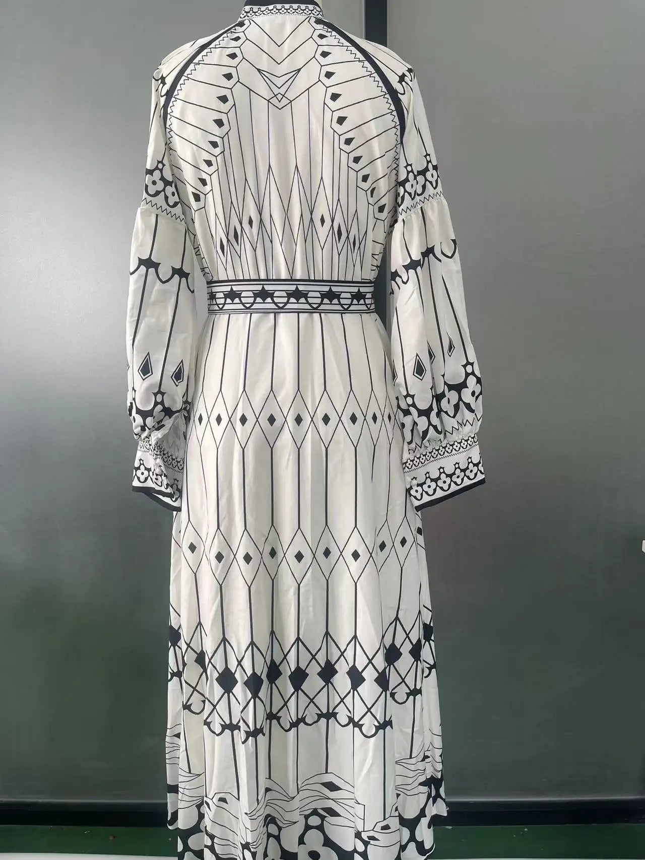 2025 Spring Women Vintage Long Dress Print Sashes Lantern Long sleeve Dresses Female Summer Elegant Fashion Office Lady Clothes