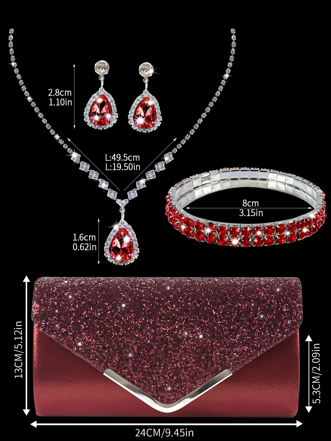 Sparkling and luxurious sequined evening clutch for women, paired with a gorgeous rhinestone necklace, earrings and bracelet set