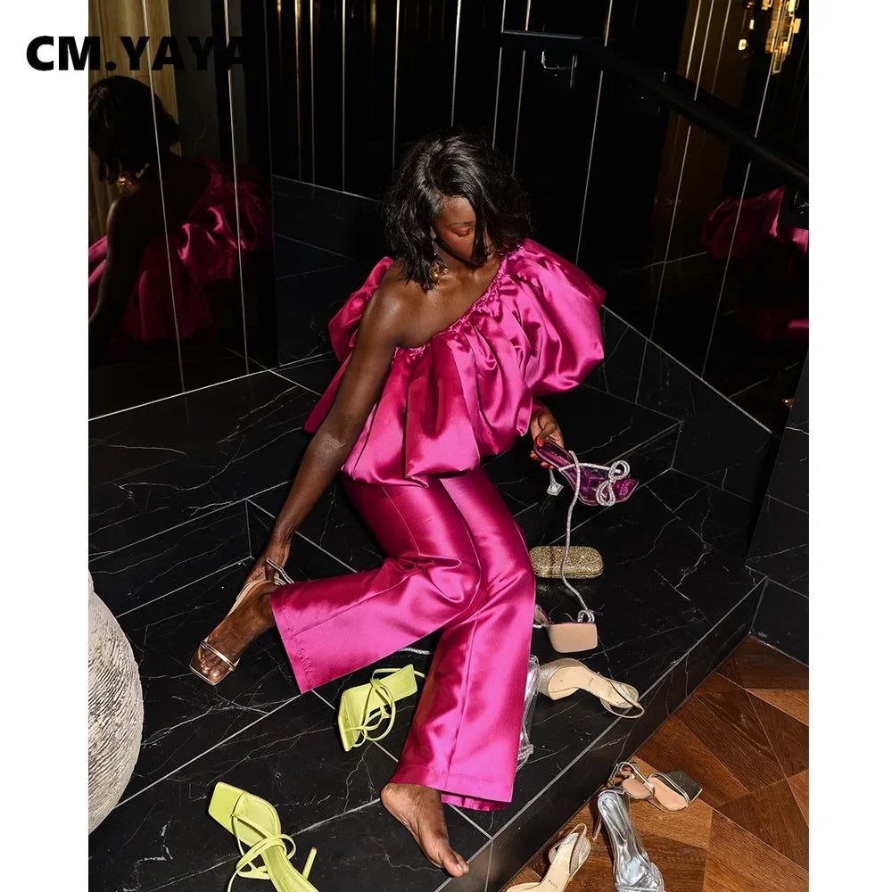 CM.YAYA Fashion Satin Women's Set Butterfly Sleeve Crop Top and Wide Leg Pants Suit 2024 Party Club Even Two 2 Piece Sets Outfit
