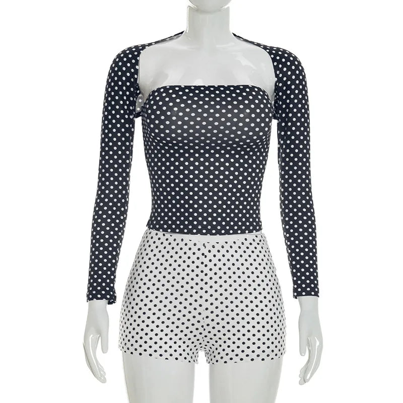 Retro Polka Dot Two Piece Crop Top and Shorts Set for Women