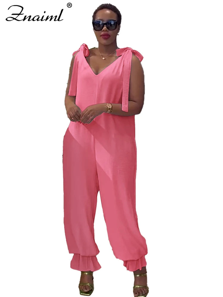 Znaiml Casual Lace-up Bandage Jumpsuit Green Loose Wide Leg Jogger Pants Women V-Neck Sleeveless New In One Pieces Rompers 2025
