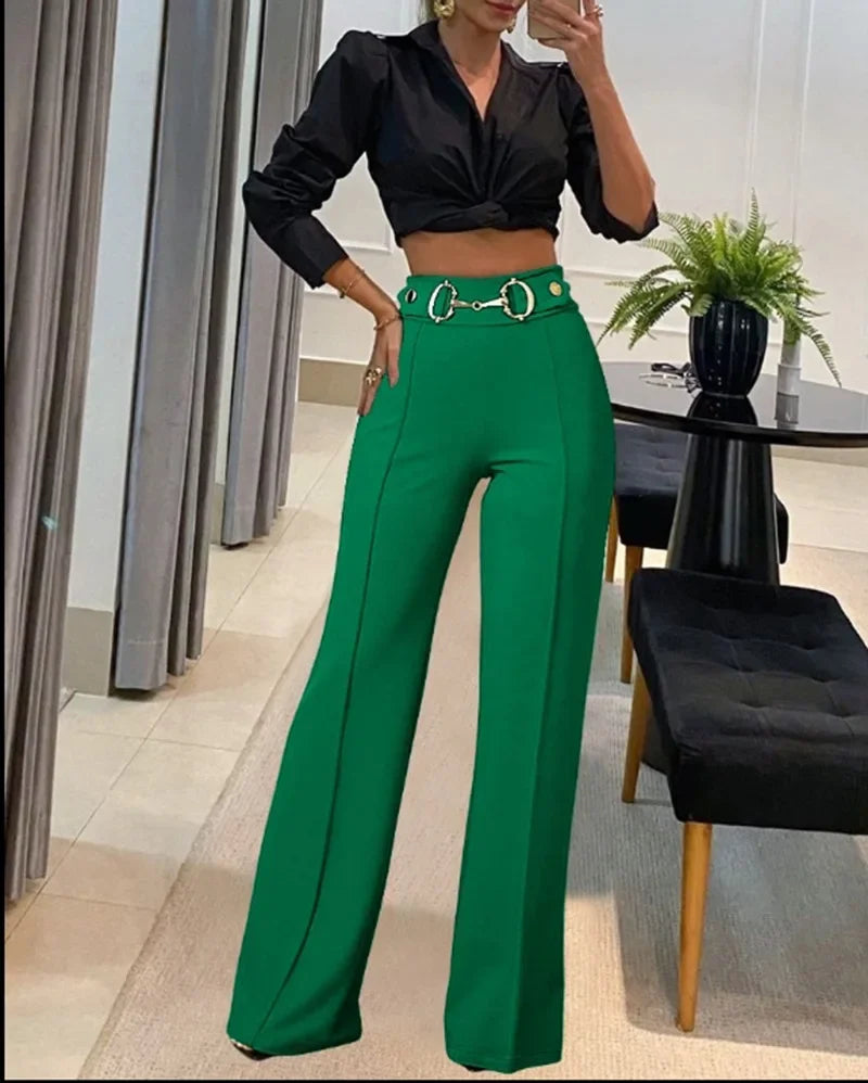 Fashionable High-Waisted Metal Buckle Decorated Solid Color Women's Straight-Leg Trousers New Style Independent Station Clothing