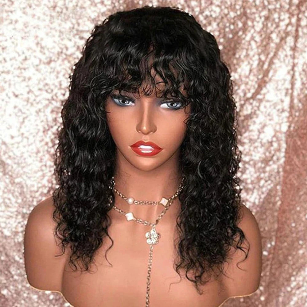Water Wave BOB Wig With Bangs Human Hair Realistic Look Bang Wig 180% Medium Length Curly Wigs for Black Women Natural Black
