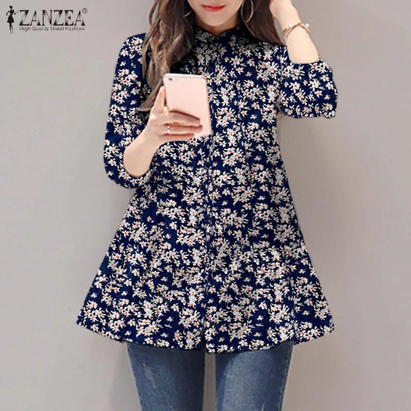 ZANZEA 2024 Summer Shirt Women Floral Prined Bohemian Stand Collar 3/4 Sleeve Casual Vintage Elegant Blusas Loose Tunic Tops