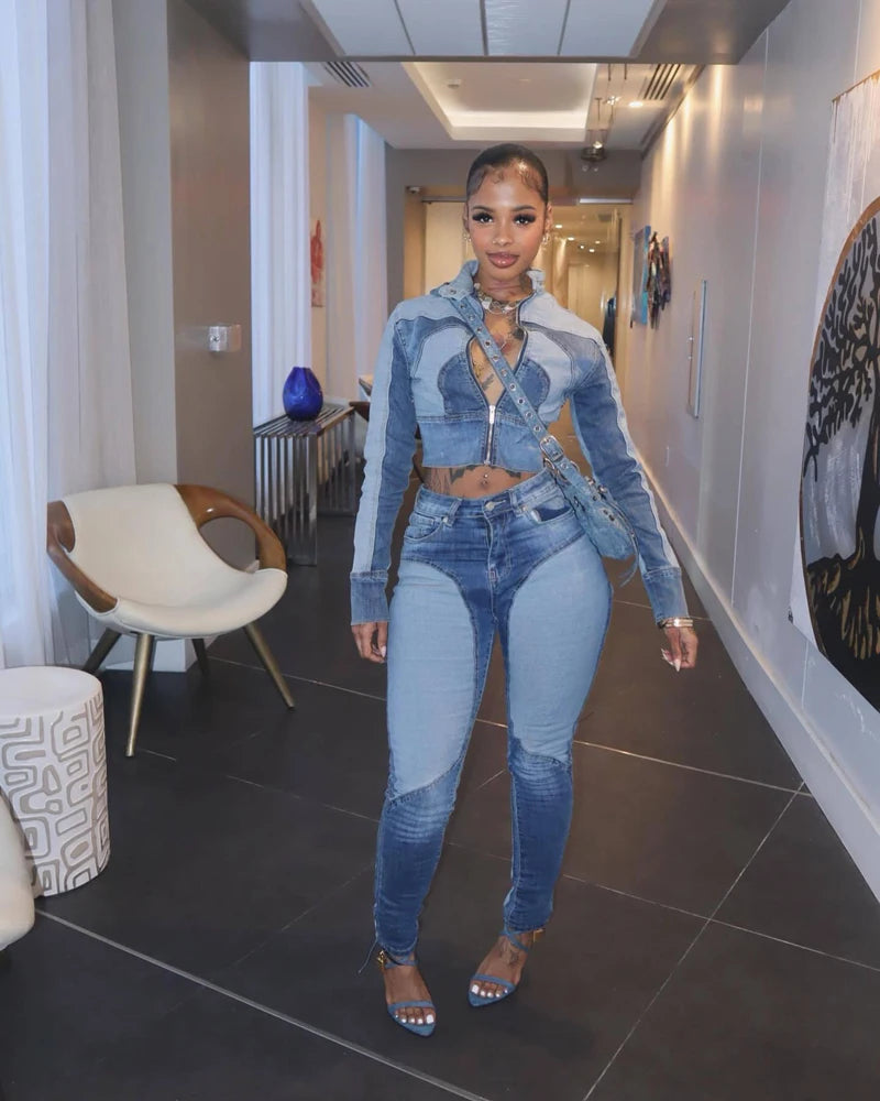 Fashion Two Tone Washed Denim Moto Jacket and Pants 2 Pieces Set for 2025 Fall Woman Casual Jeans 2piece Sets Outfits Streetwear