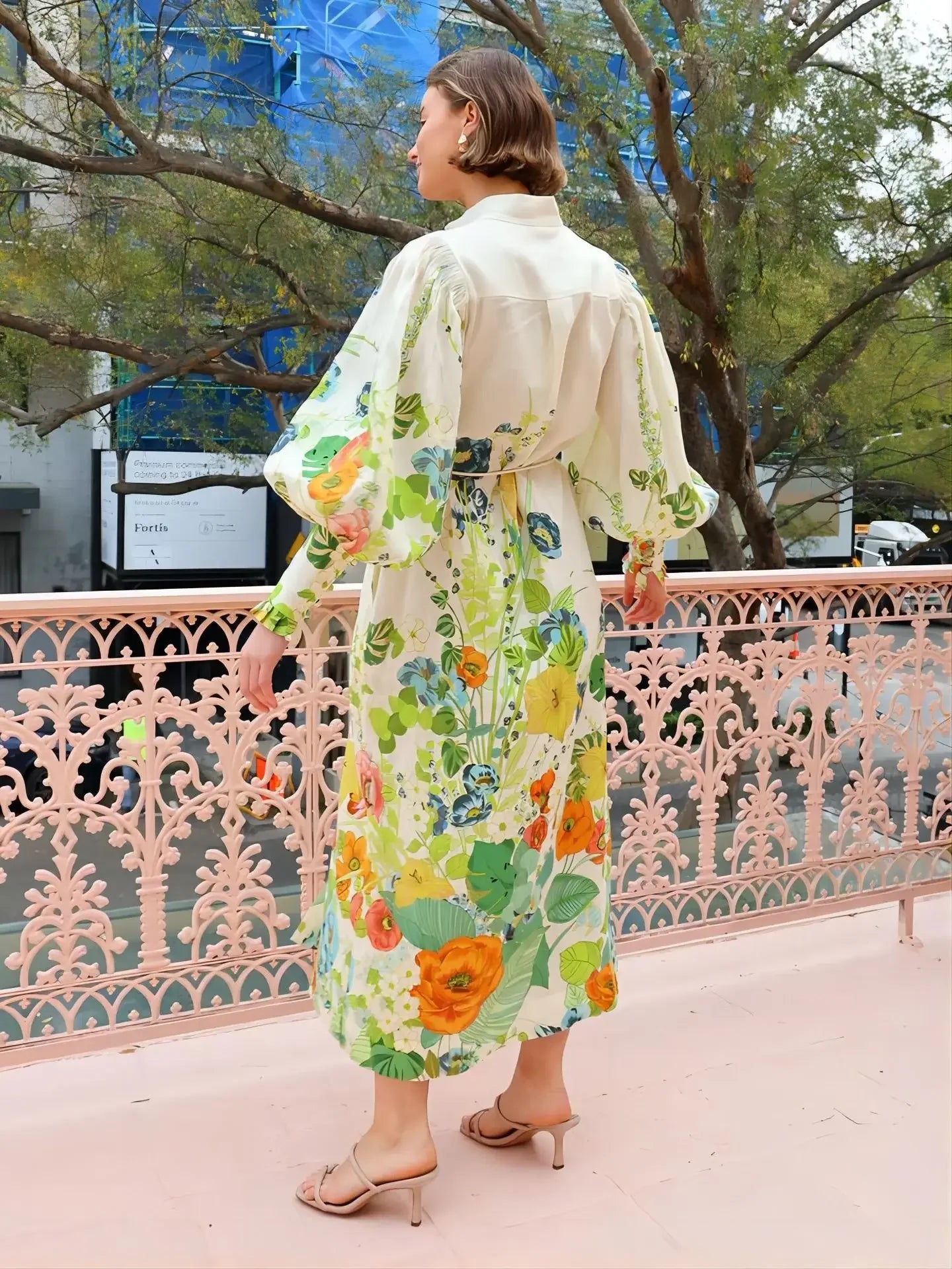 Waist-Cinching Long Lantern Sleeve Printed Dress with Belt Single Button Closure Independent Station Cross-Border Hot Sale Of Th