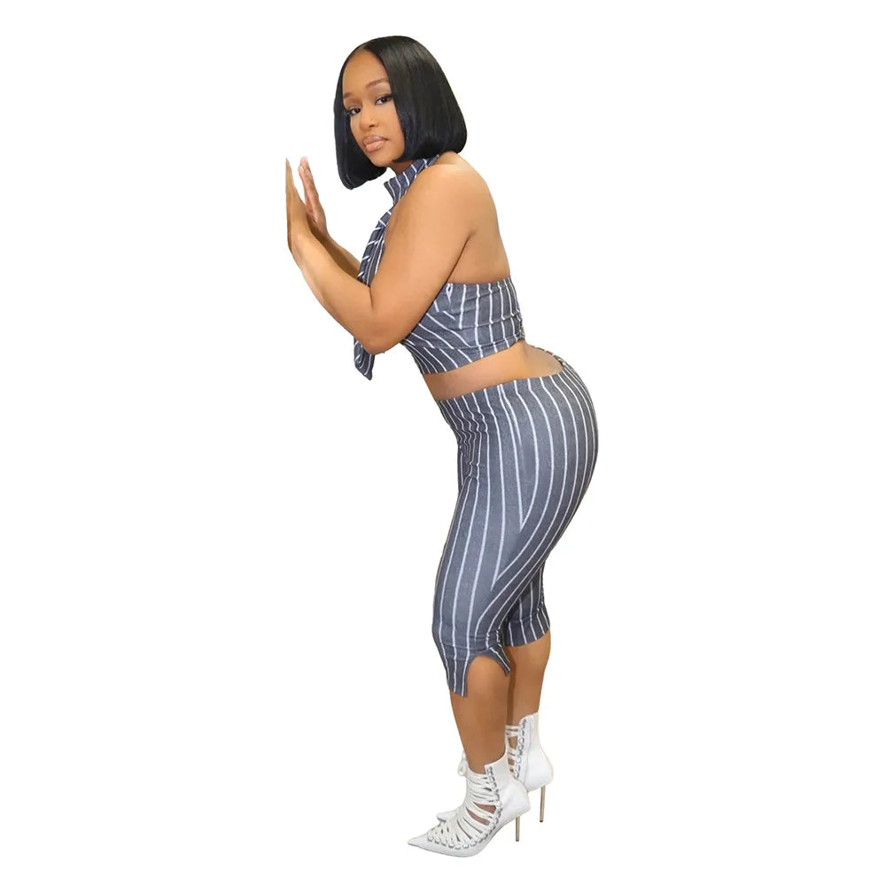 CM.YAYA Striped Printed Women's Set Sleeveless Necktie Tops and Leggings Pants 2025 Sexy Party Two 2 Piece Sets Outfit Tracksuit