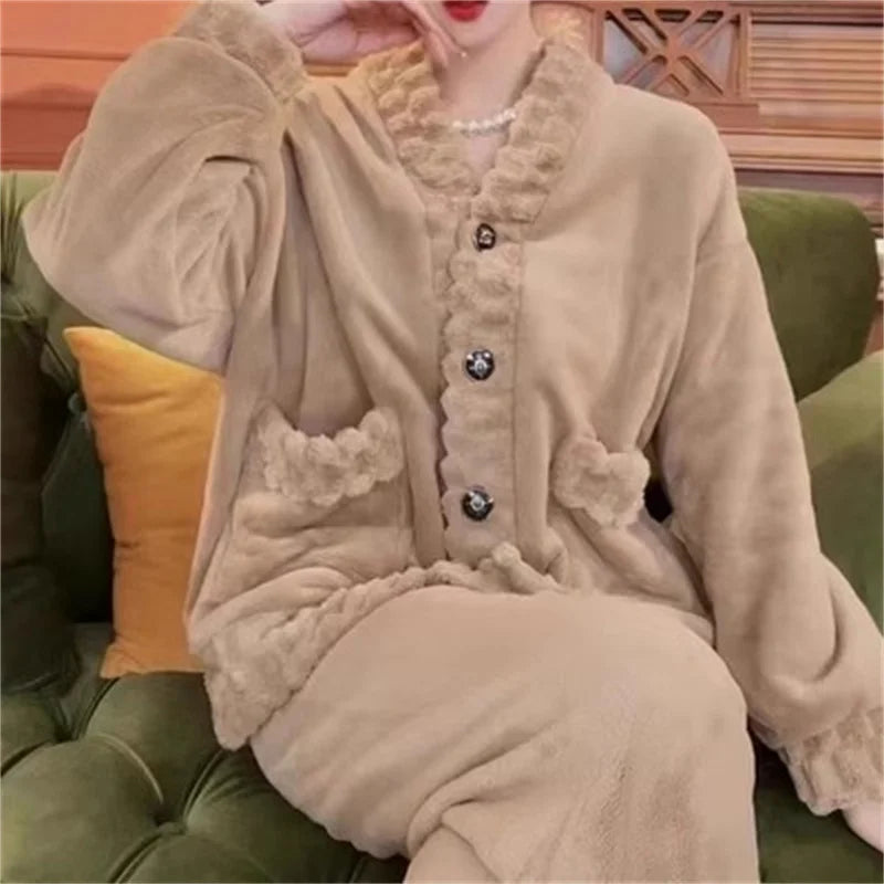 5XL Stripes Women's Flannel Cardigan Home Fur Solid Color Loose Coral Velvet Pajama Set Autumn/Winter Pants Two Piece Suit Red