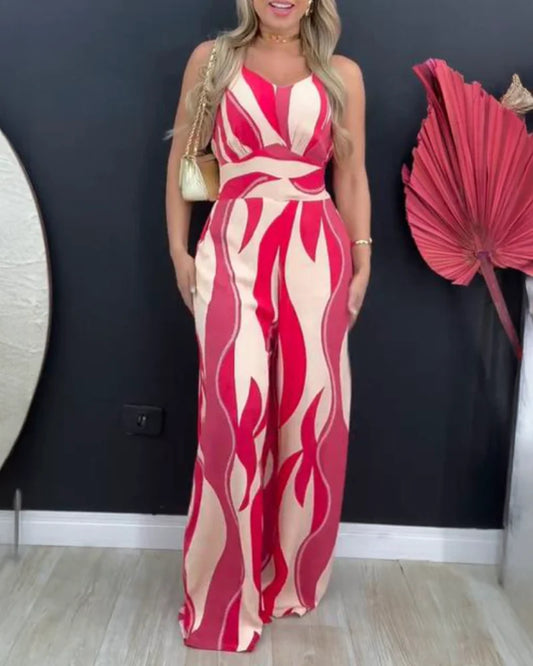 Women Geometric Print Casual Thick Strap Shirred Wide Leg Jumpsuits Femme V-Neck Sleeveless Overalls With Pockets Party Outfits