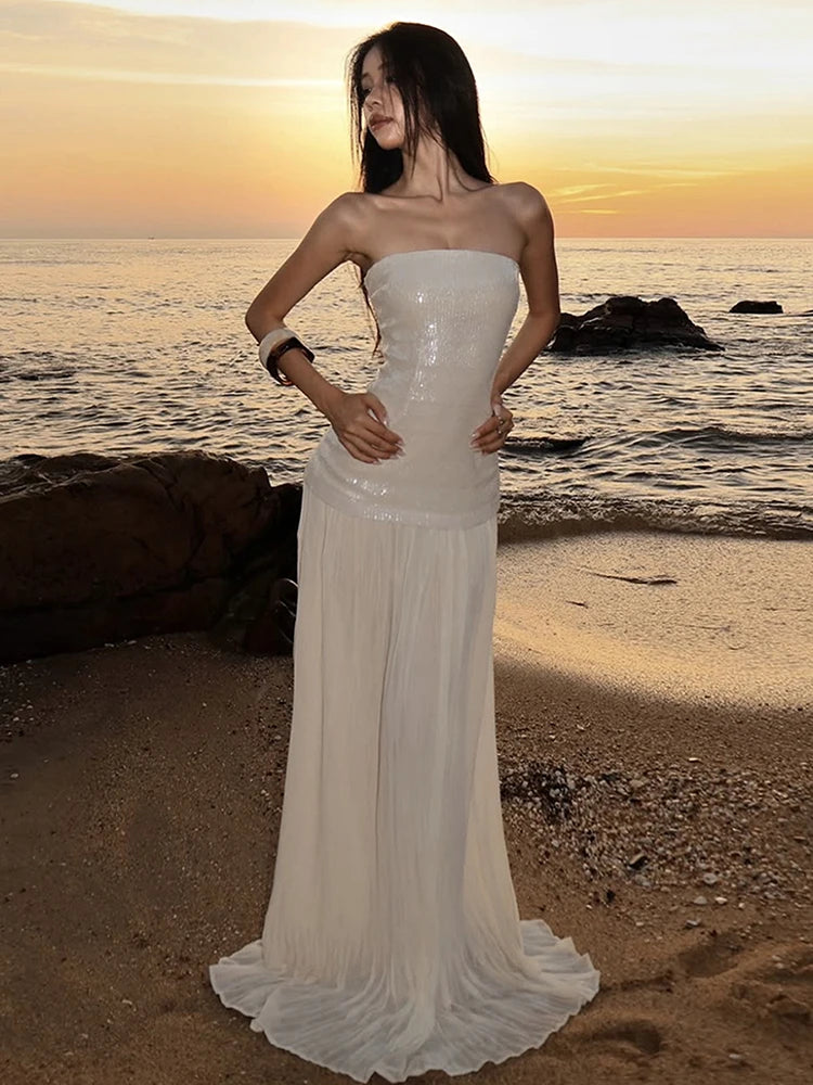 SIsterlinda Fashion Chic Sequin Dress Women Sexy Sleeveless Patchwork Zipper Beach Vacation Birthday Party Club Stretch Bodycon