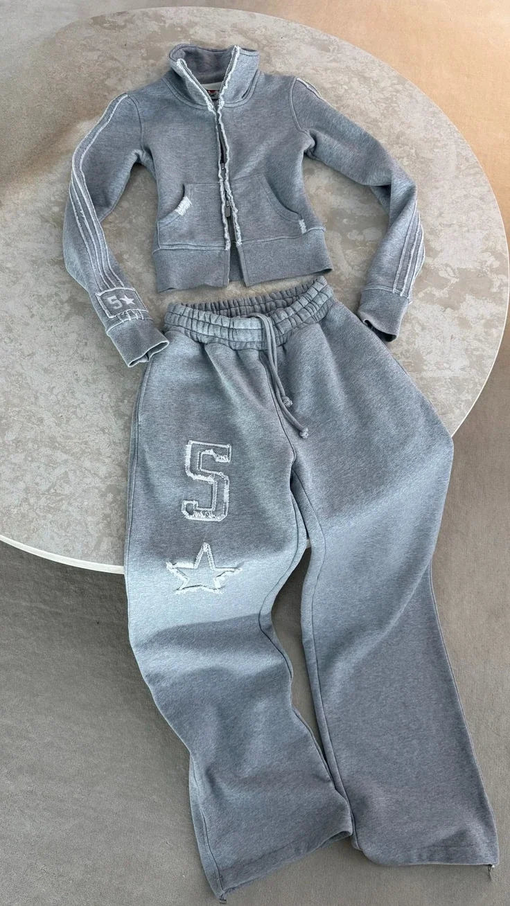 Letter Embroidery Zip Hoodie Set