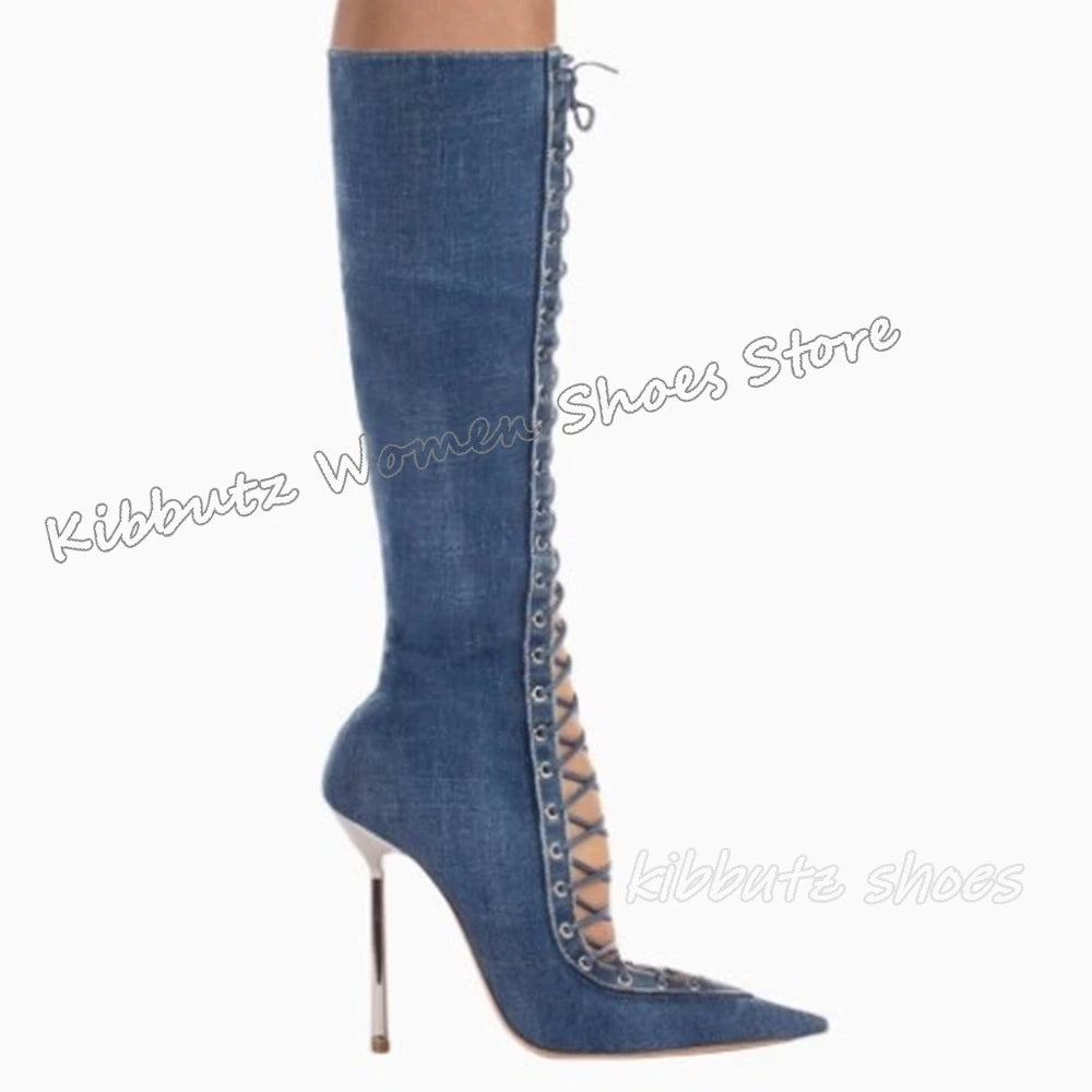 Lace-Up Sandal Ankle Boots Mesh Leather Solid Color Fashion Elegant Luxury Concise Sexy Party Dress Women Shoes New Pointy Heels
