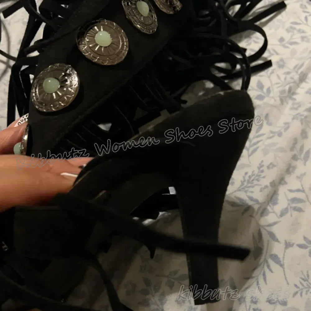 Crystal Cross Strap Knee High Boots