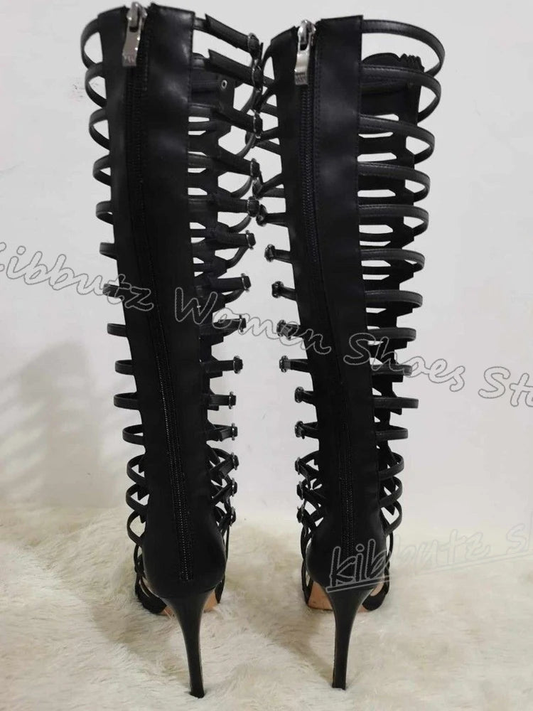 Cross Strap Sandals Knee High Solid Color Round Toe Thin Heels Back Zipper Fashion Luxury Elegant Concise Sexy Women Shoes New
