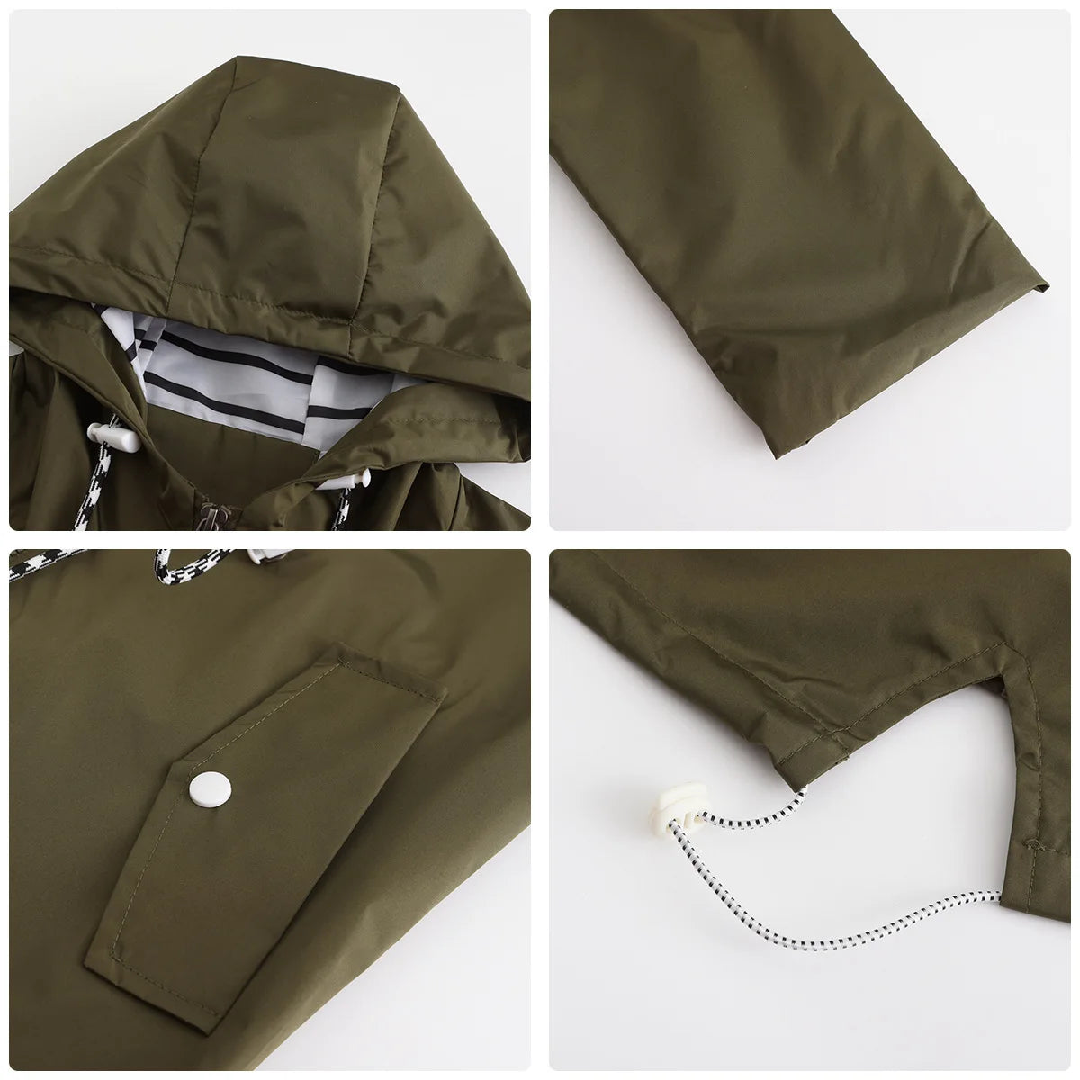 Women Outdoor Windbreaker Casual Loose Hooded Waterproof Raincoat Long Sleeve Solid Color Mid-length Zipper Hiking Jackets