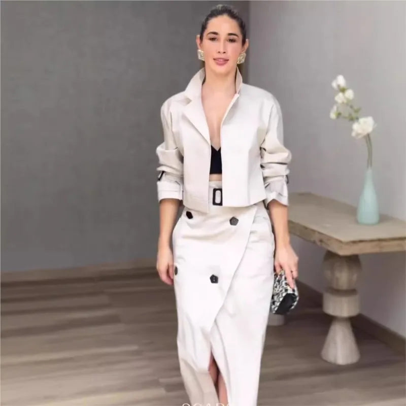 Two Piece Set Women Dress Sets Belt Midi Skirts Cardigan Coats Suits A Line Loose Fit Casual Frock Skirt Office Lady Spring