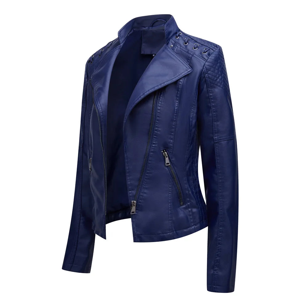 Spring Autumn Leather Jacket Women Slim Fit Motor Biker PU Leather Short Coat Stand Collar Ladies Zipper Outerwear 2024 New