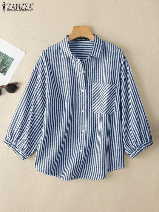 ZANZEA Women Casual Striped Shirts 2025 Summer 3/4 Lantern Sleeves Turn-Down Collar Chemises Femme Commute Office Work Tops