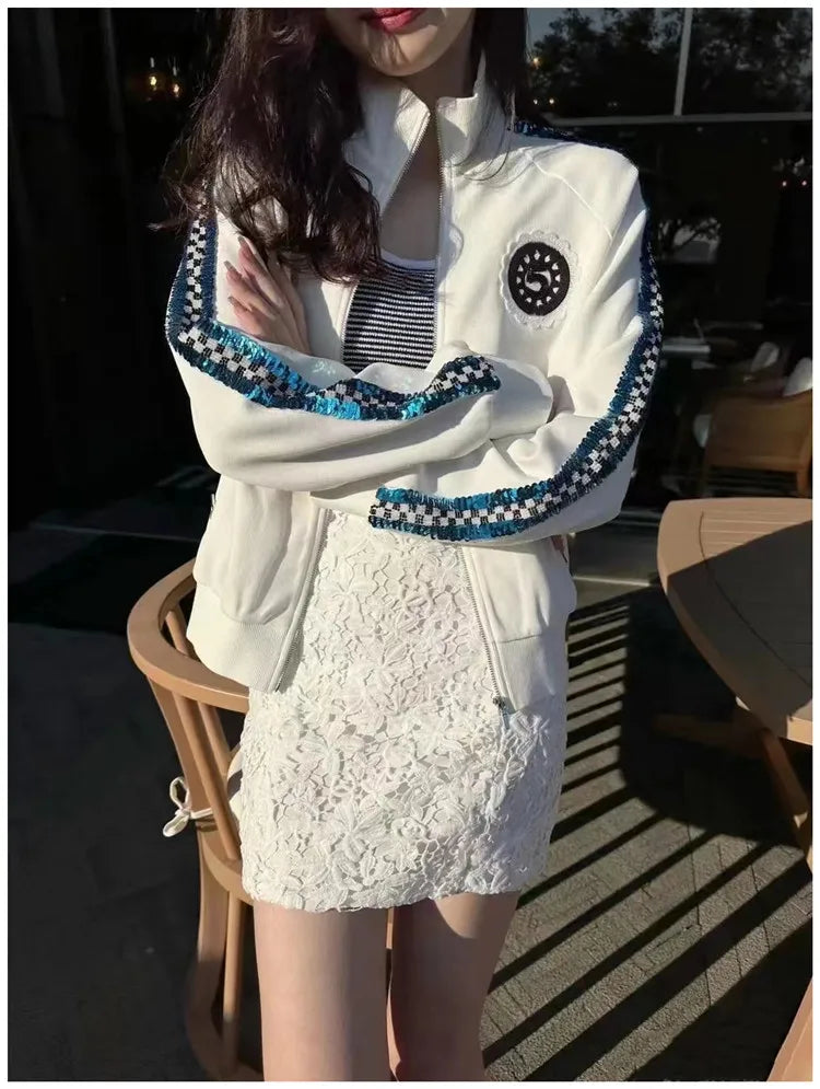 HIGH STREET Newest Fashion 2025 Spring Designer Jacket Women's Stand Collar Sequin Embroidered Baseball Jacket