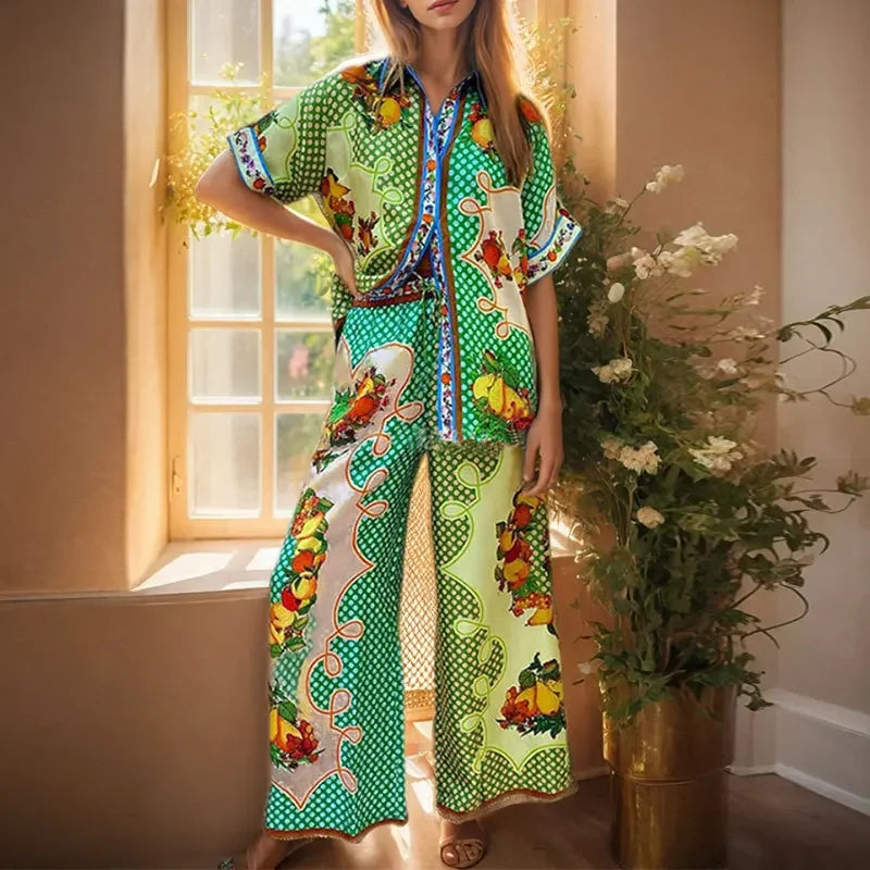 Long Sleeve Long Pant Sets Women Retro Lapel Single Breasted Blouses Trousers 2 Piece Set Printed Color-blocking Elastic Waist