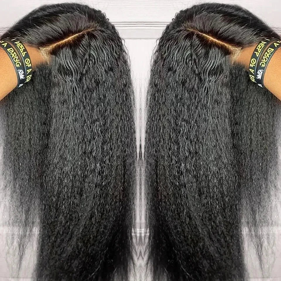 Yaki Kinky Straight Soft Black Color Synthetic 13X4X1 HD Lace Frontal Wig For Women Prepucked With Baby Hair Glueless Wig Party
