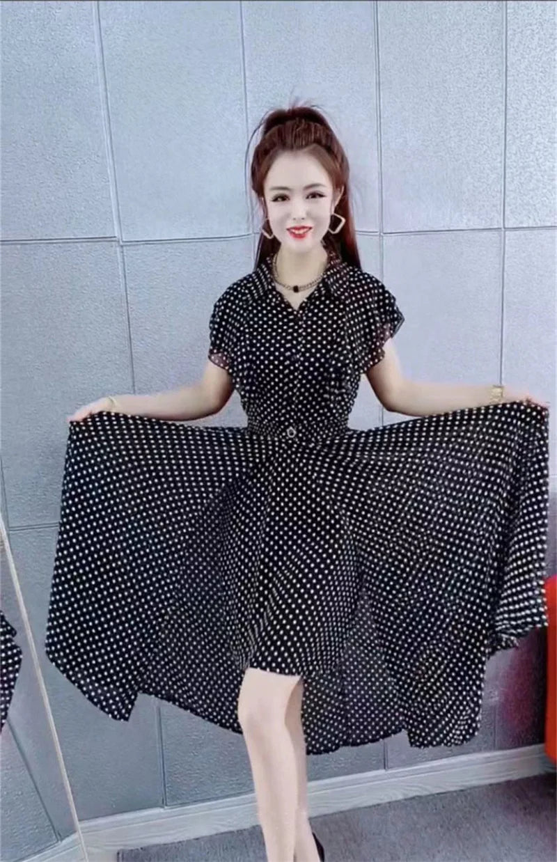 Fashion Dress Set Women's 2024 Summer New Polka Dot Style Sweet and Slim Ruffle Dress+Apron Two Piece Set Black V-Neck Dress Lad