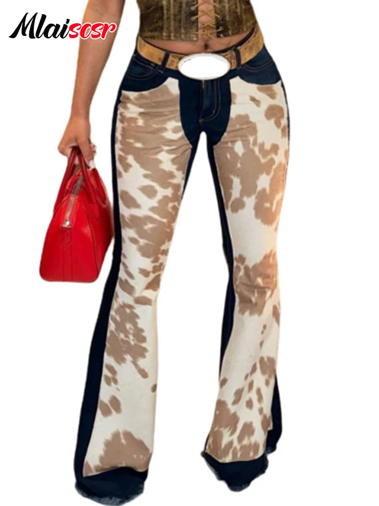 Mlaiscsr Fashion High Street Printed Patchwork Stretch Jeans Women Sales Button Boot Cut Denim Flare Pants Boyfriend Trousers