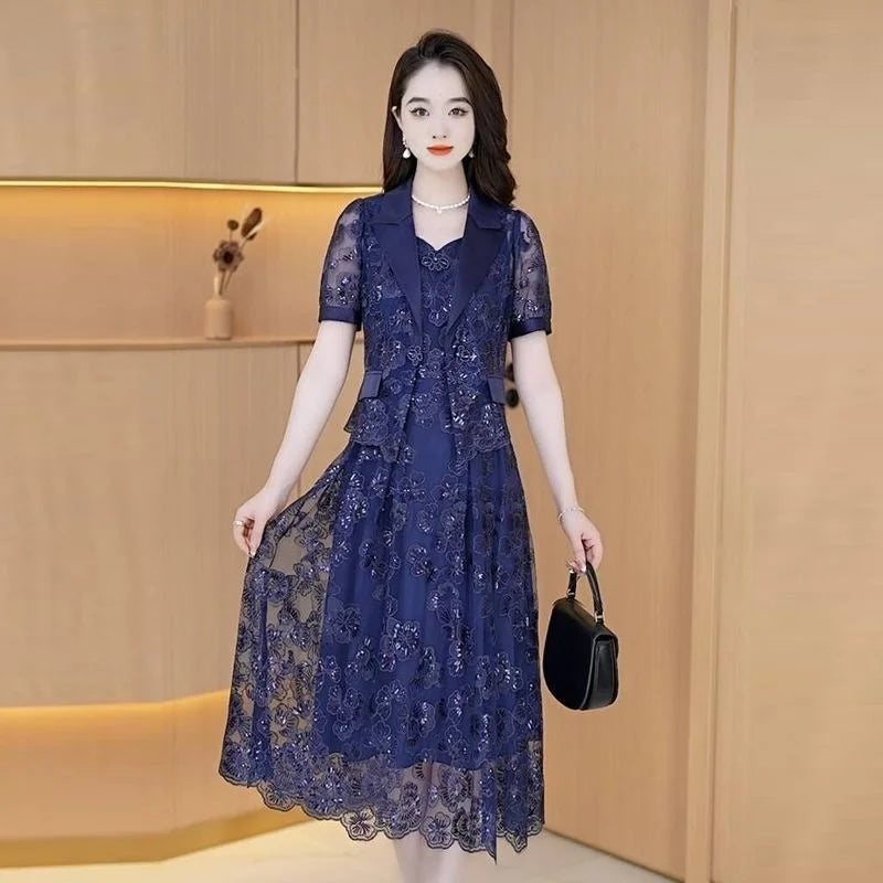 Lace Dress Women's High end Luxury Lady Two Piece Sets Silk Dress Suit Jacket And Dress 2023 Summer Waist Slim Long A-line Dress