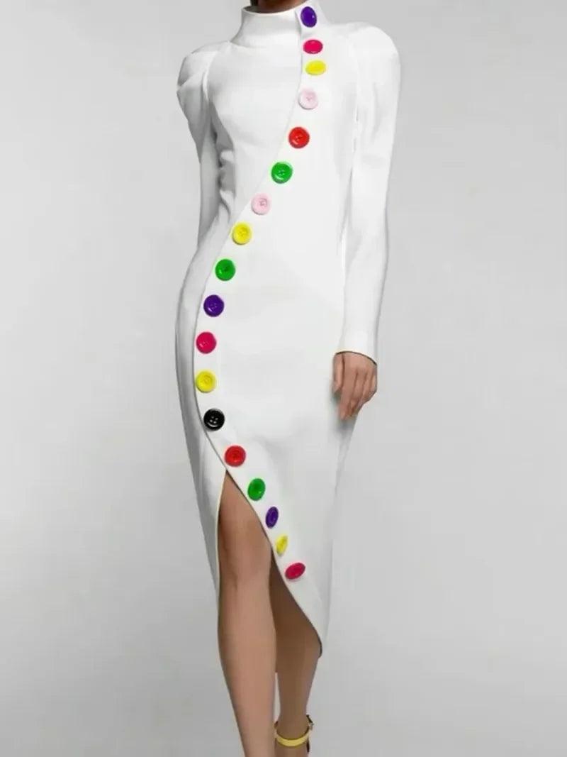 Beautyblue Elegant Woman Ceremony Dress Midi Dresses Fashion Buttoned Contrast Color Long Sleeves High Neck White Winter Dress