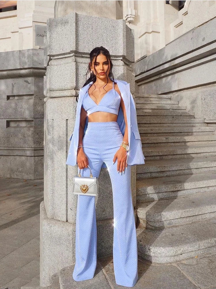 HIGH QUALITY New Fashion 2024 Designer Blazer Suit Set Women's Single Button Diamonds Beaded Camis Blazer Pants Suit 3pcs Set