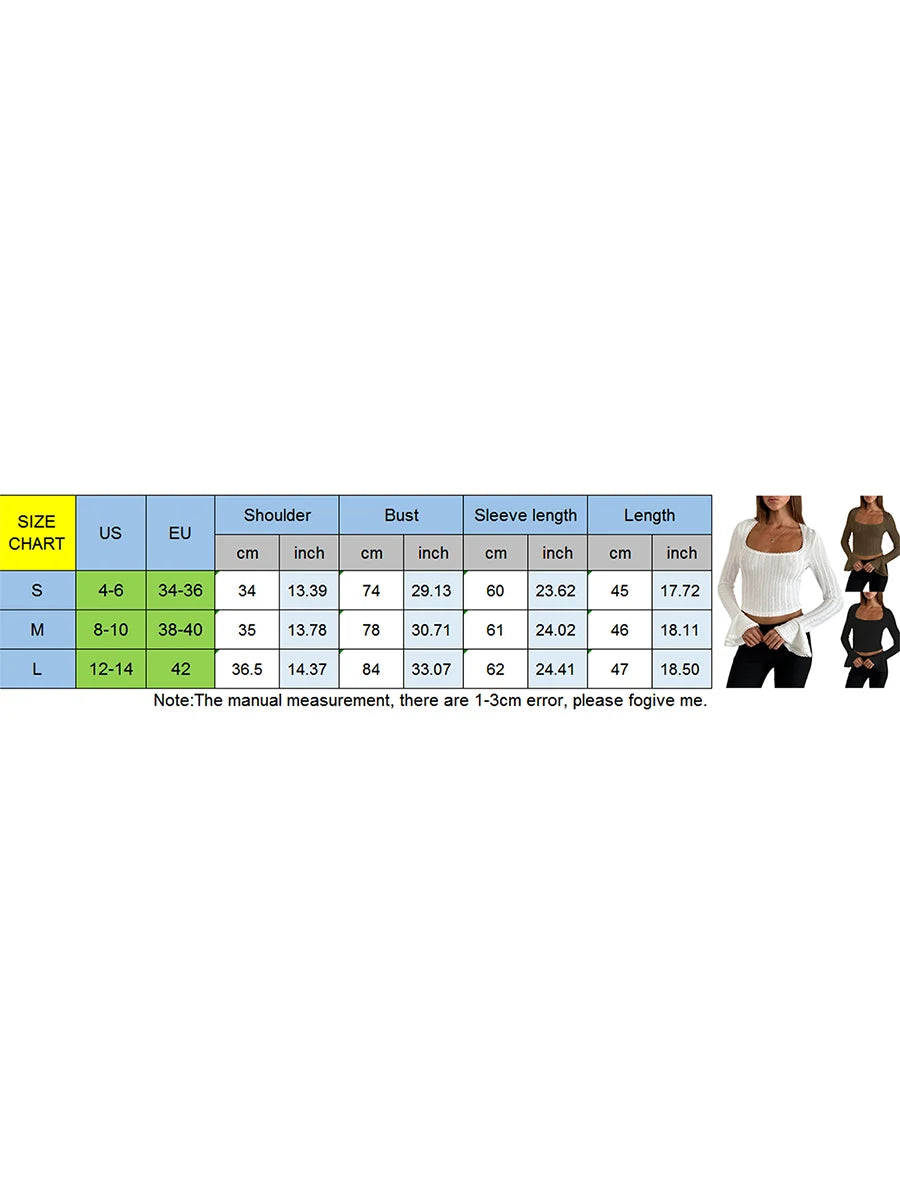 Women's Solid Color T-Shirts Autumn Textured Picot Trim Scoop Neck Long Bell Sleeves Slim Fit Crop Tops Female Casual Pullovers