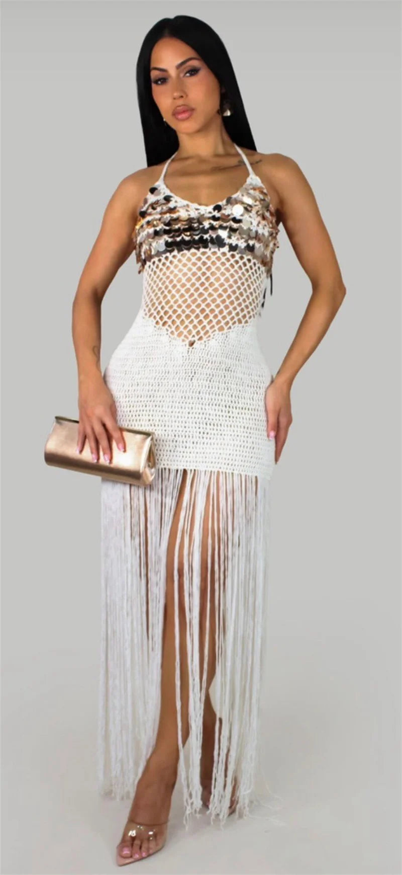 Glitter Tassel Crochet Beach Maxi Dress for Women
