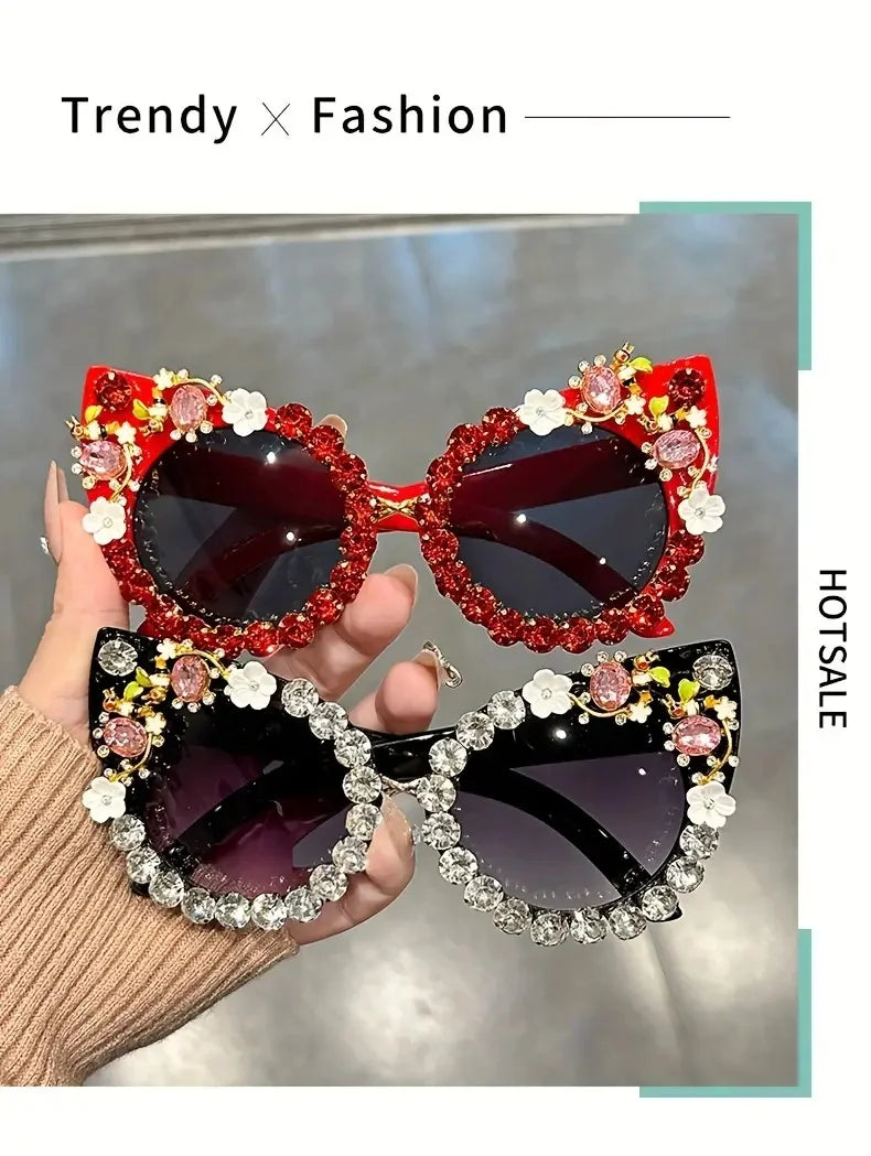 Luxury Rhinestone Flower Sunglasses Cat Eye Gradient Decorative Shades Props For Costume Party Prom